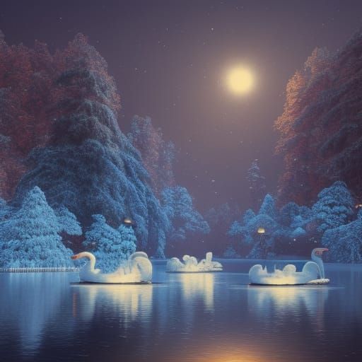 Swan Boats on Lake at Winter Night