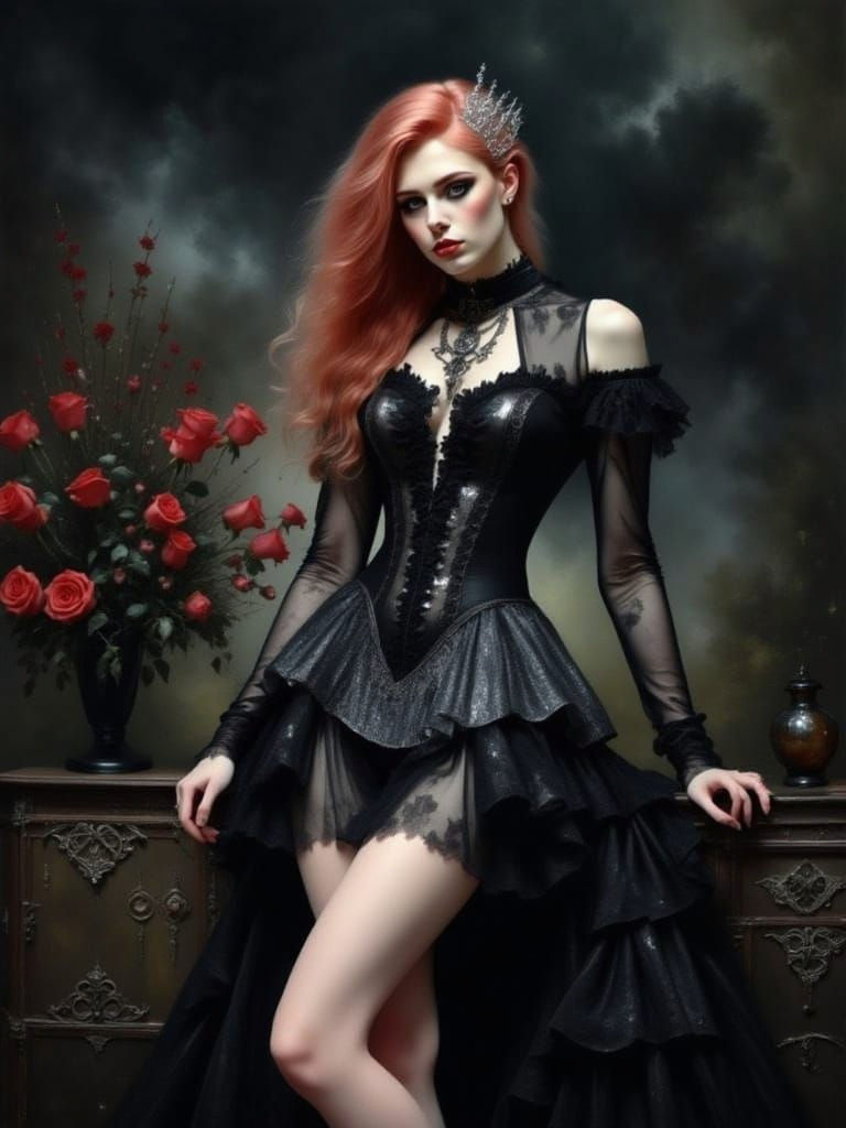 Gothic Goddess in Shimmering Black Lace