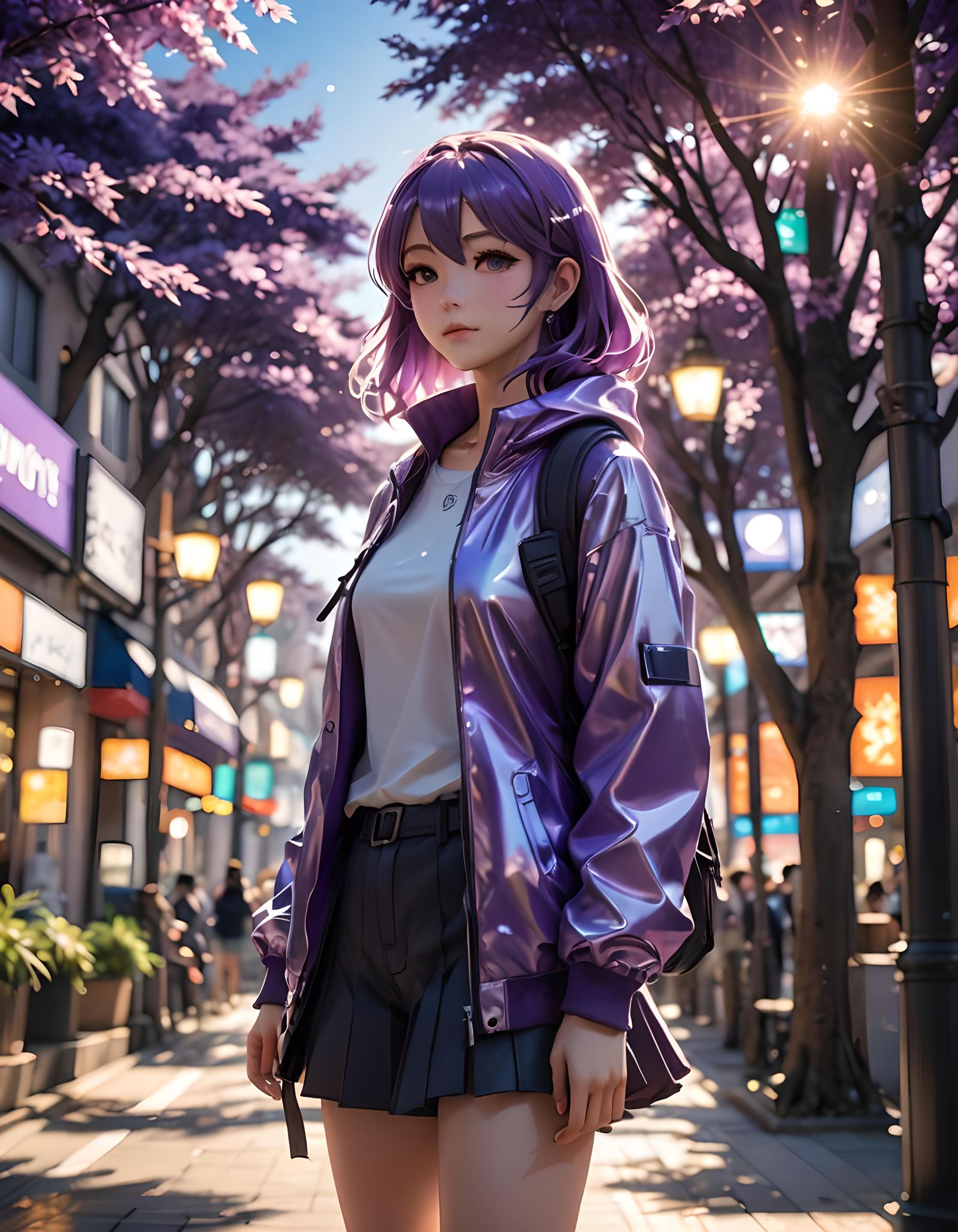 Anime Woman in Purple Light, Digital Illustration