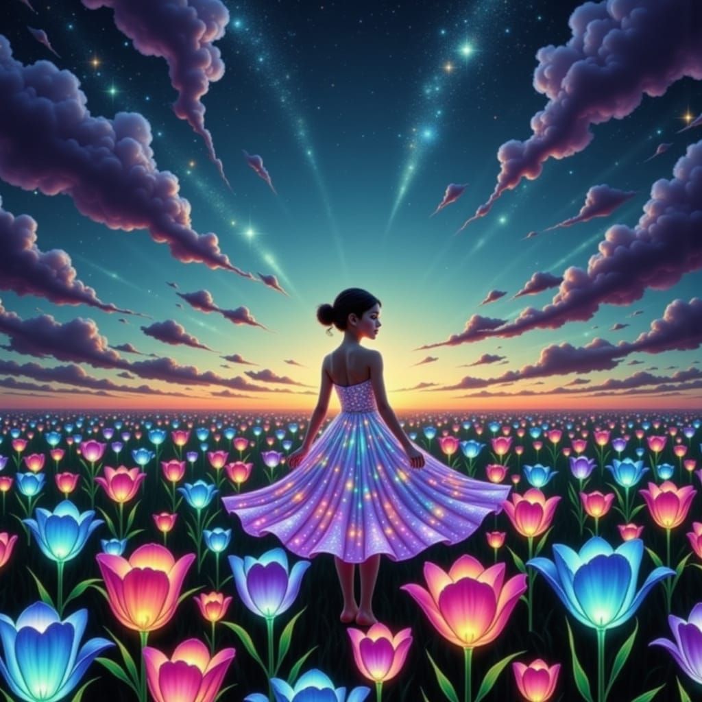 Girl in Stardust Dress Amidst Luminous Tulips and Cosmic Sky