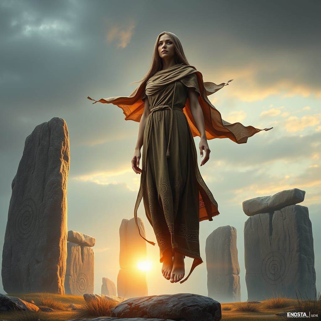 Surreal Neolithic Goddess Radiates over Ancient Megaliths