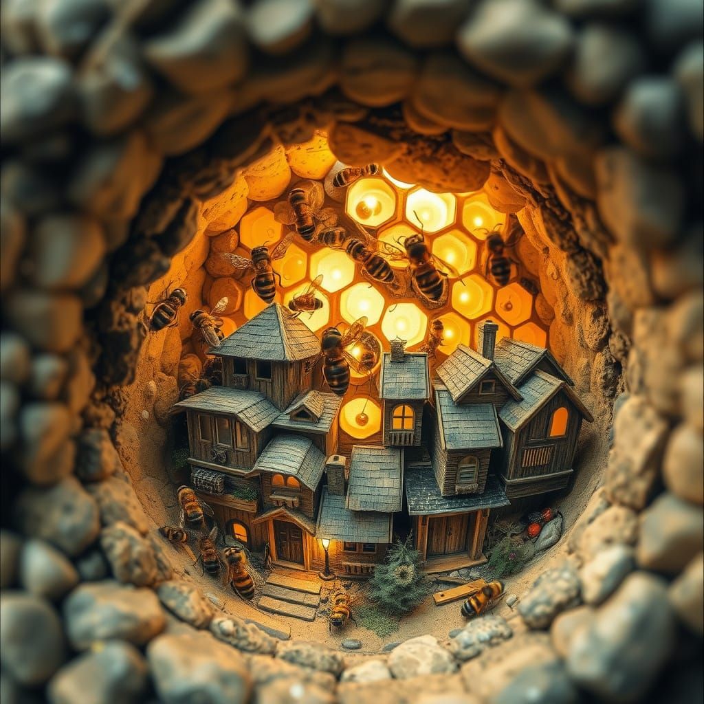 Whimsical Beehive Cityscape in Gouache Style