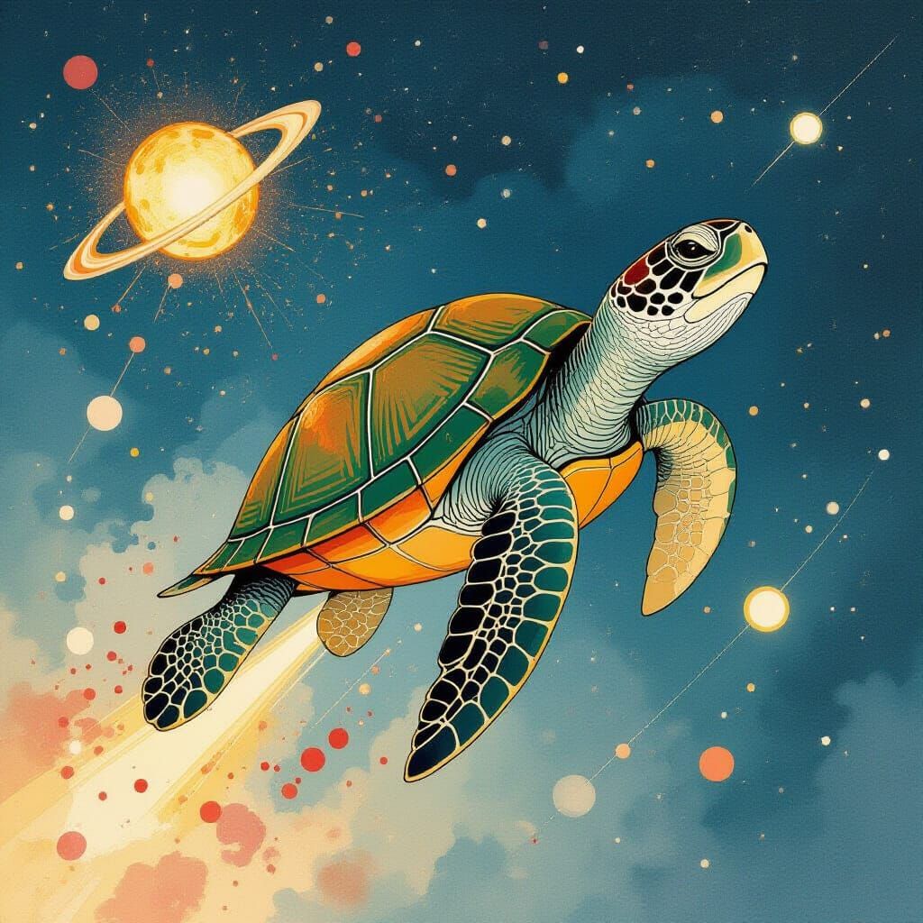 Cosmic Turtle Soars Through Space Lights