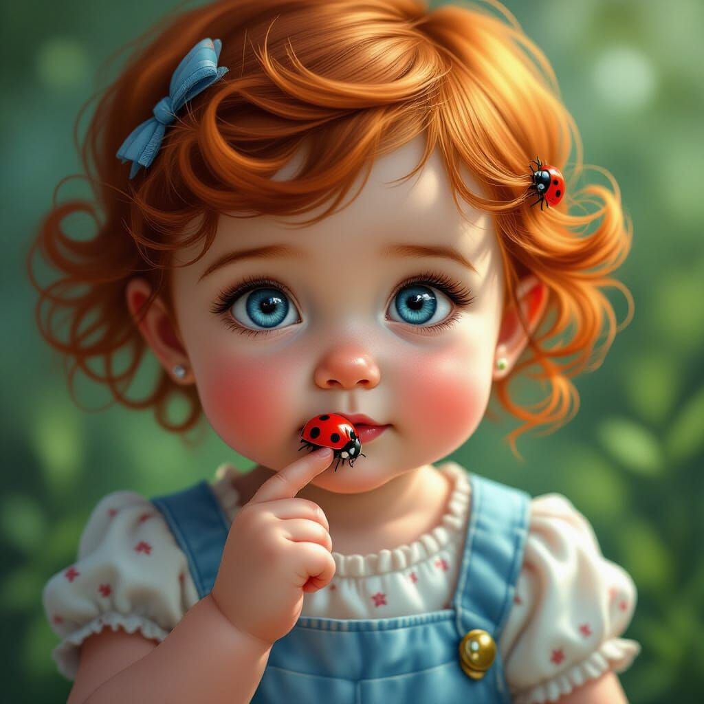 Baby Girl and Ladybug: Hyperrealistic Colorful Portrait
