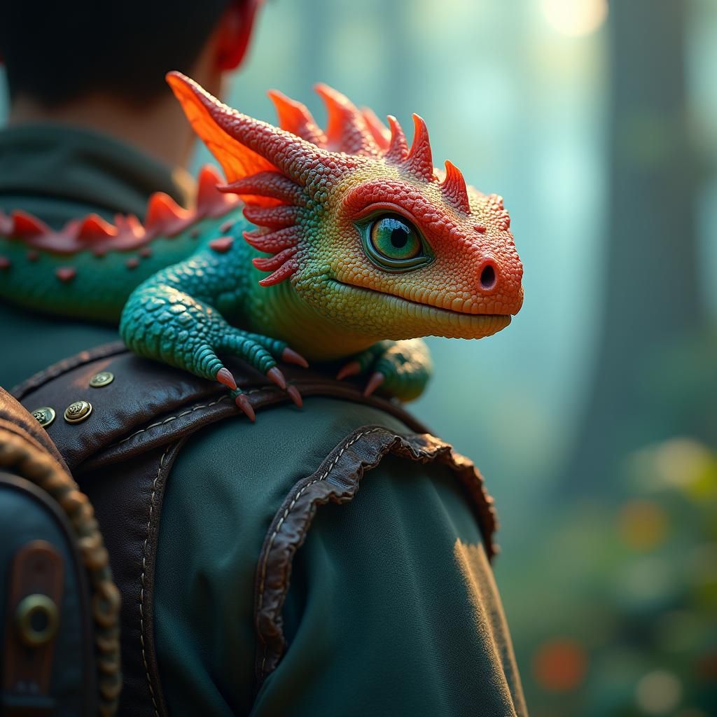 Dragon on Shoulder in Mystical Forest Painting