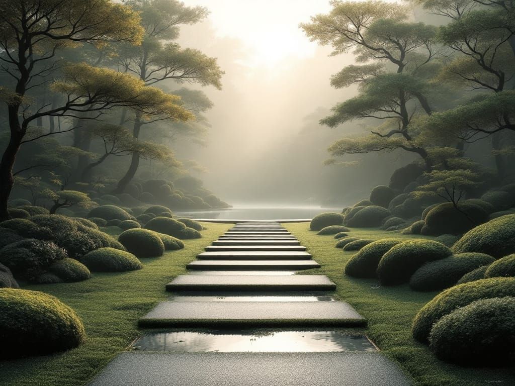 Minimalist Japanese Zen Garden at Dawn