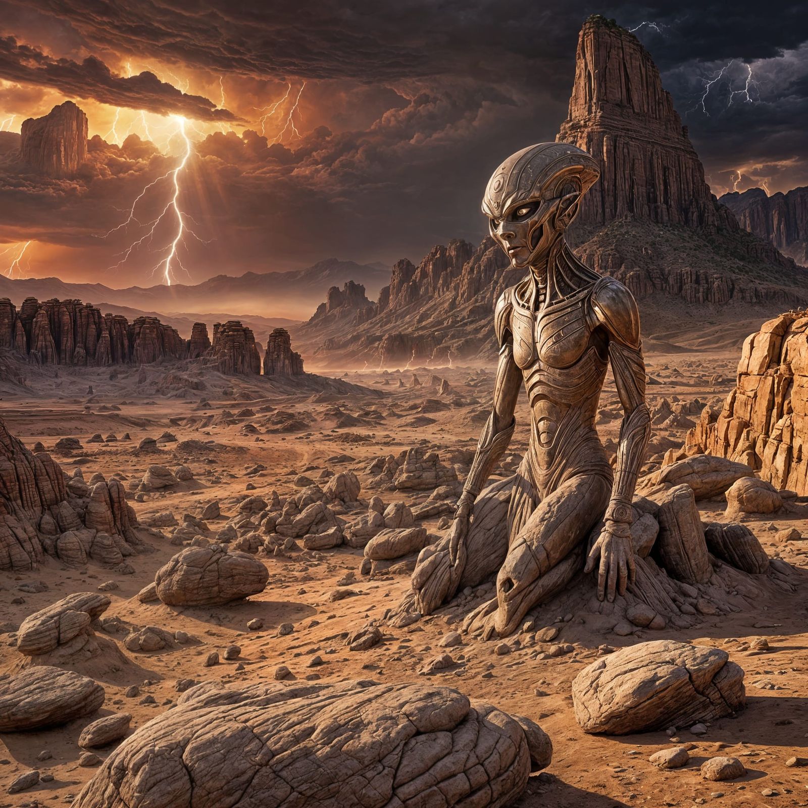 Alien God Judges Humanity in Stormy Desert Landscape