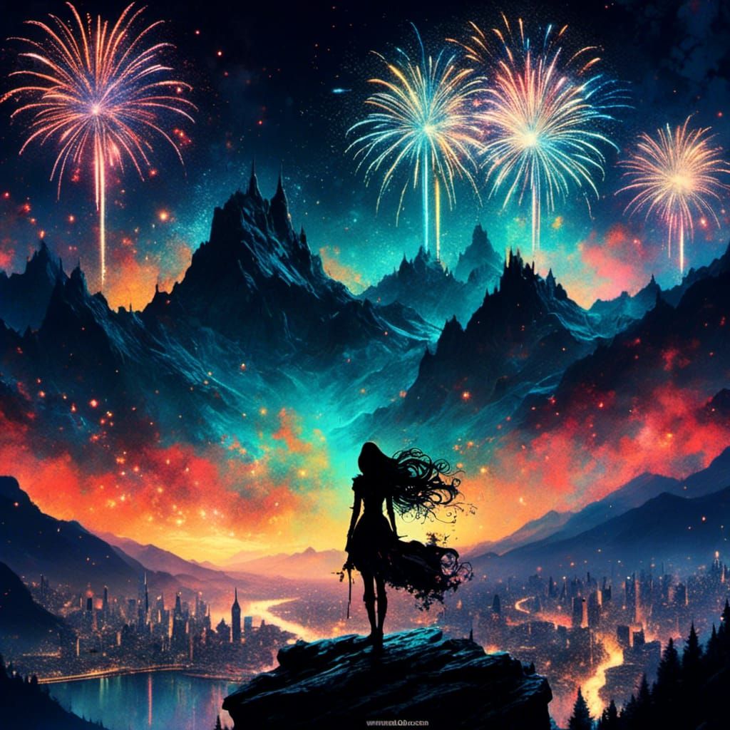 Silhouette Overlooking Fireworks in Inkpunk Style