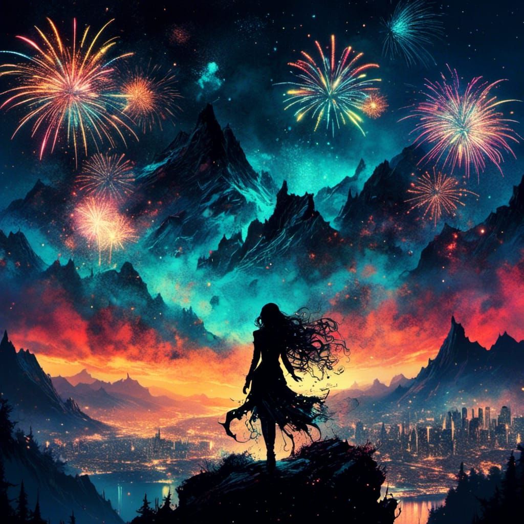 Silhouette Overlooking Fireworks in Inkpunk Style