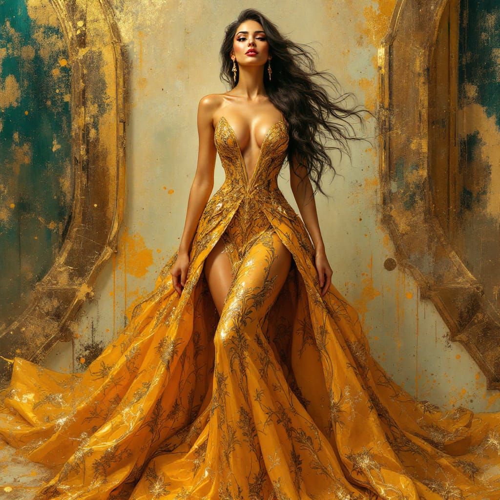 Extravagant Golden Gown with Deep Neckline