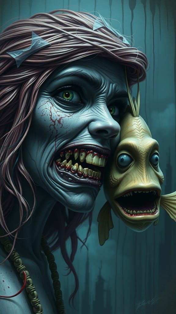 Hyperrealistic Zombie Mermaids in a Macabre Underwater Night...