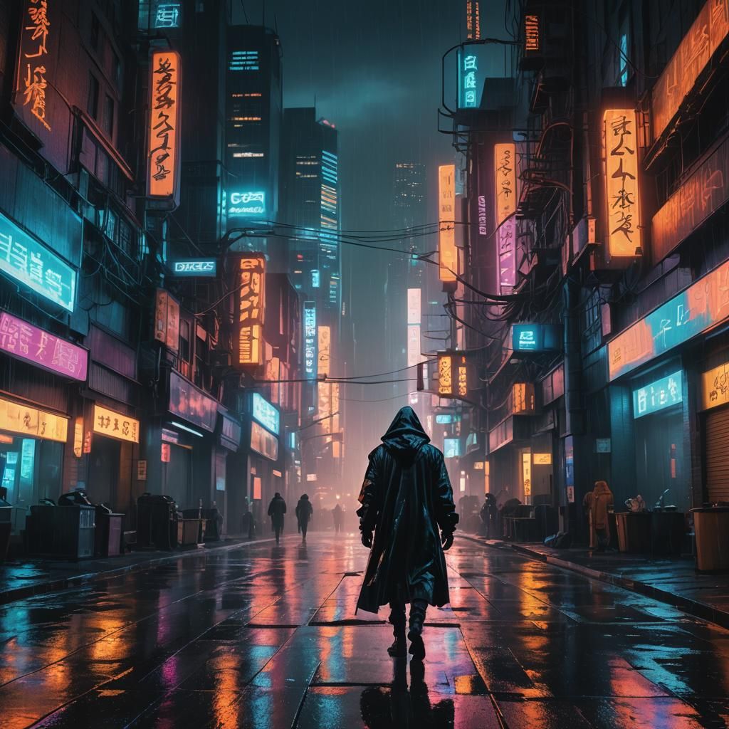 Cyberpunk Figure in Neon Cityscape