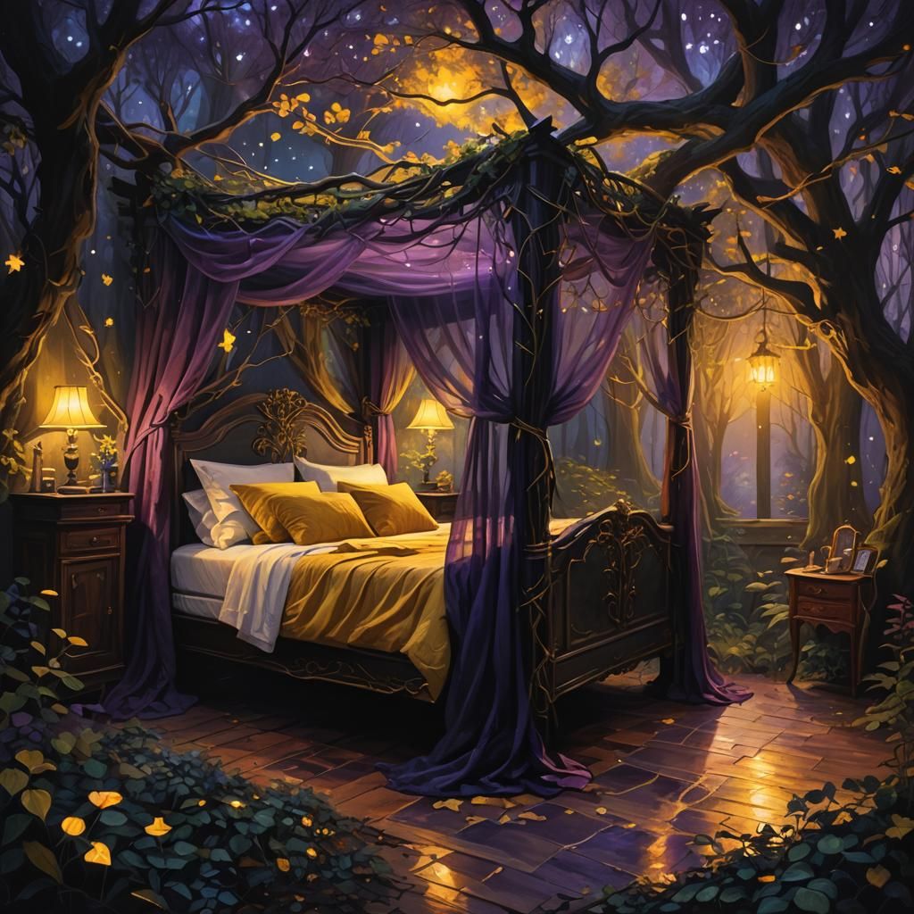 Mystical Forest Room with Canopy Bed in Dark Fantasy