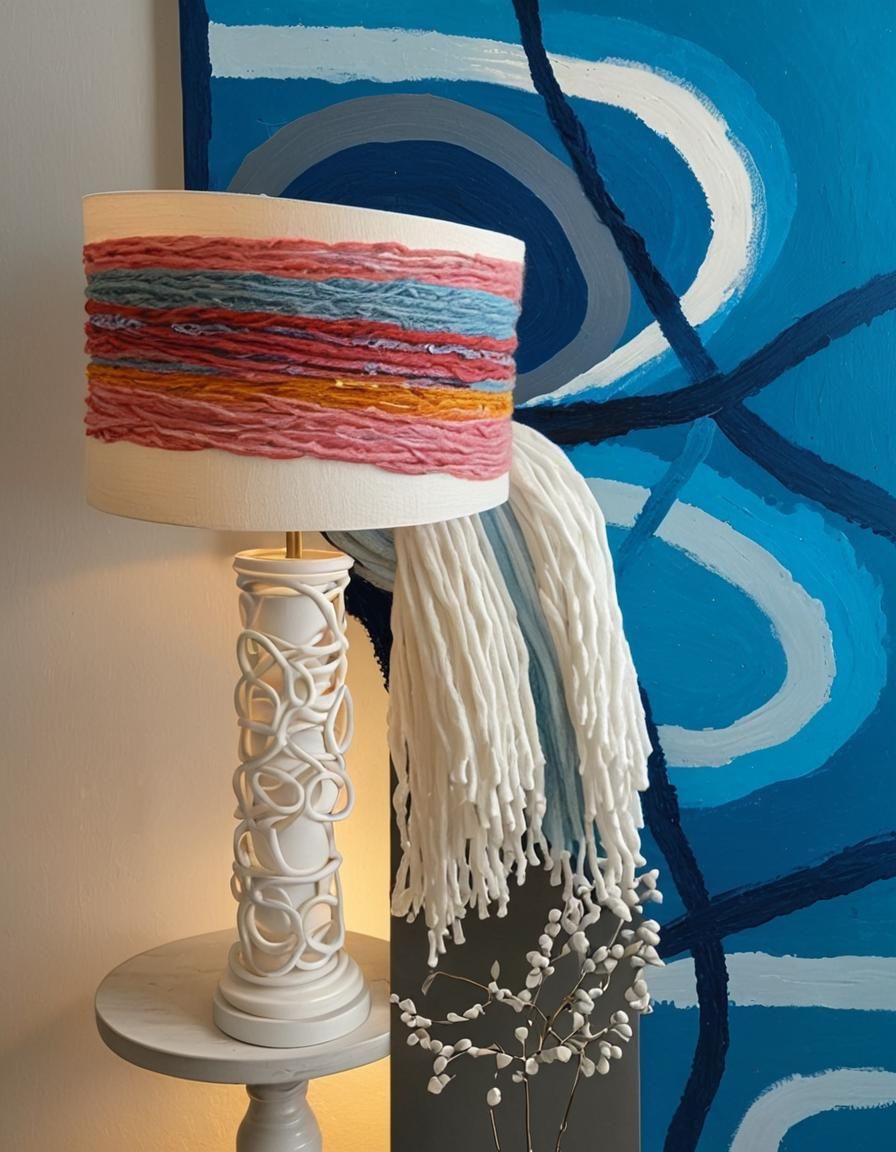 Yarn-Wrapped Lampshade with Abstract Art