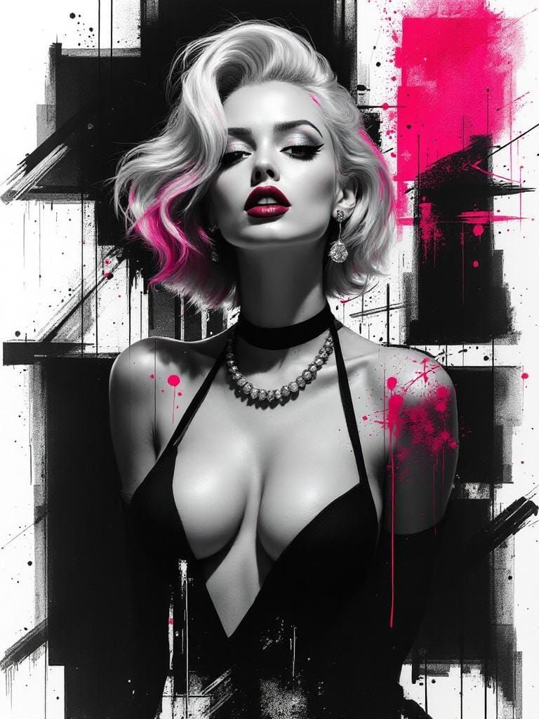 Stylized Pin-Up Woman with Pink Hair in Abstract Ink Style