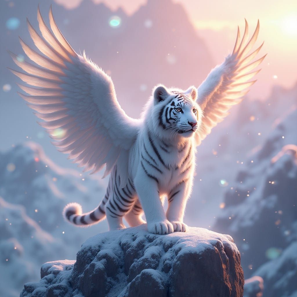 Majestic White Tiger Takes Flight Amid Snowy Sunrise