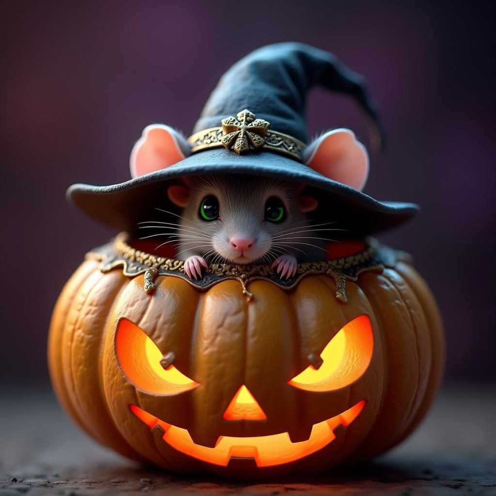 Mouse in Witch Hat Peeking from Jack-o-Lantern