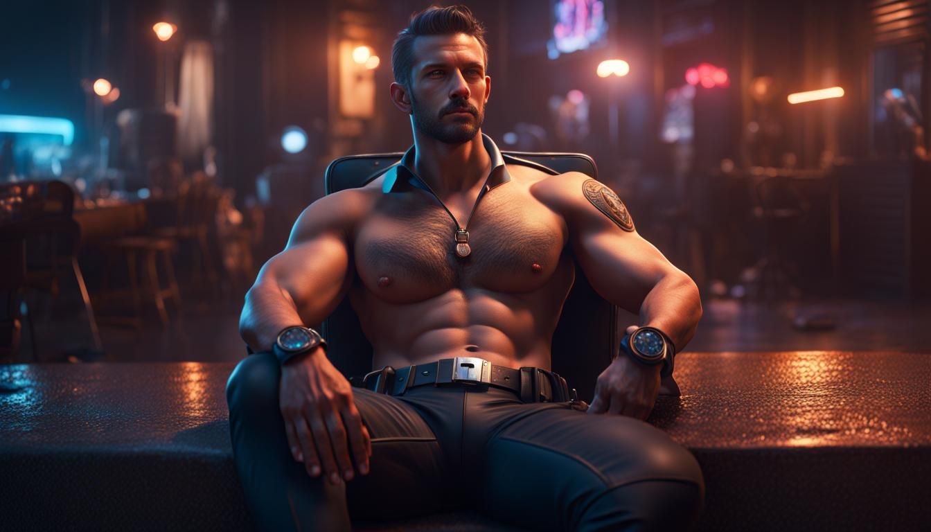 Hypermasculine Cop Lounging at Night: Detailed Matte Paintin...