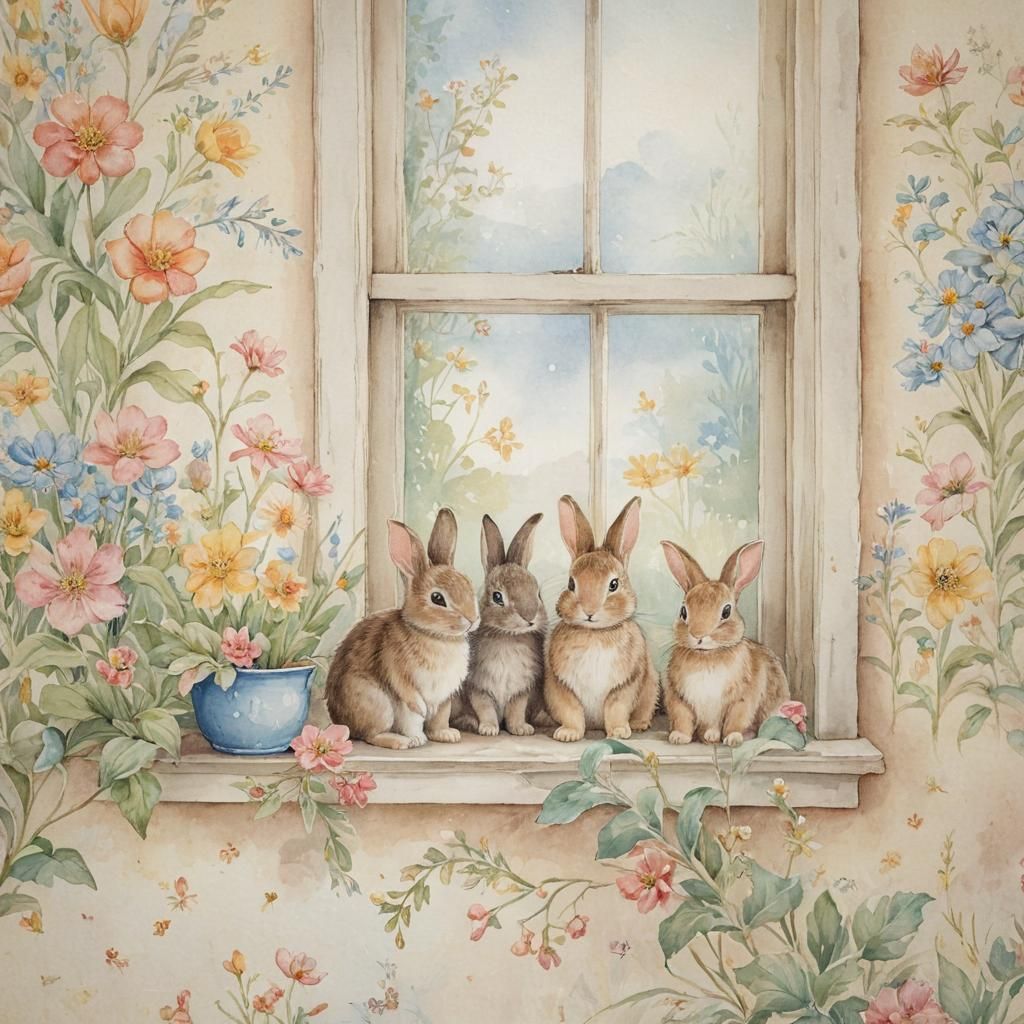 Vintage Bunny Wallpaper in Watercolor Style