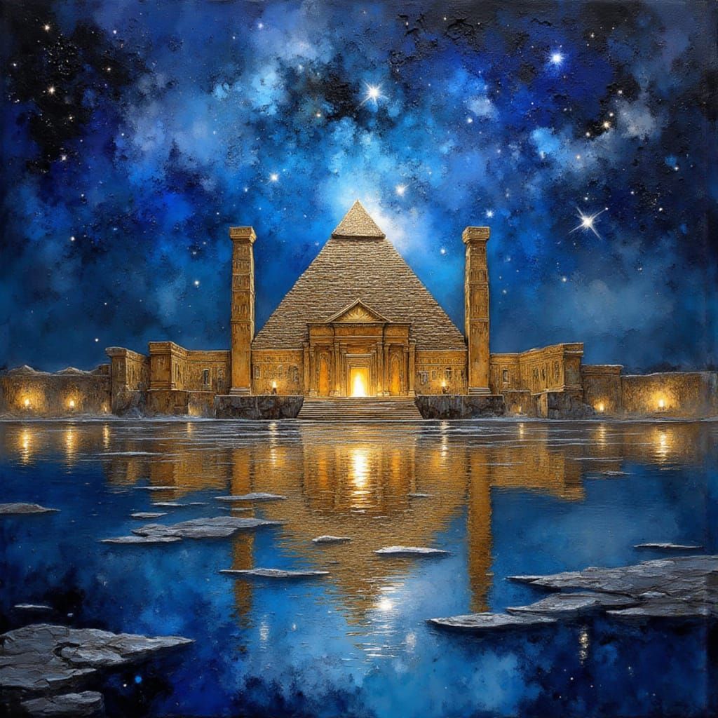 Opulent Ancient Egyptian Temple at Night by the Nile