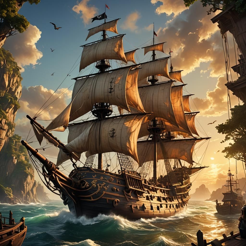 Pirate Ship Sailing Treacherous Waters at Golden Hour