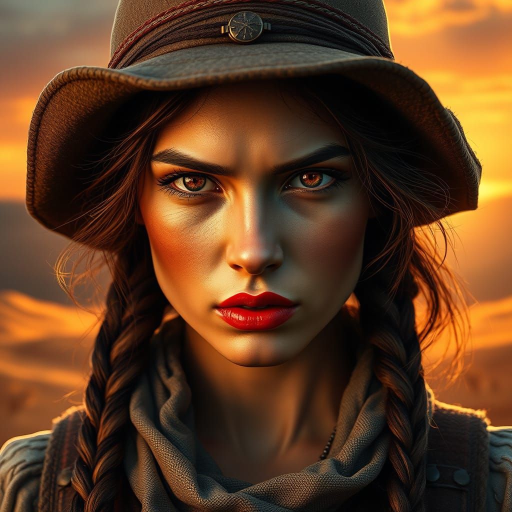 Ethereal Country Woman Embracing Silence in a Vibrant Sunset...