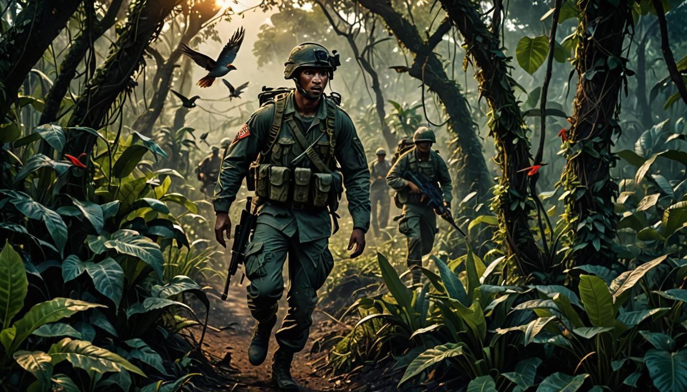 Hyperrealistic Soldier in Twilight Jungle