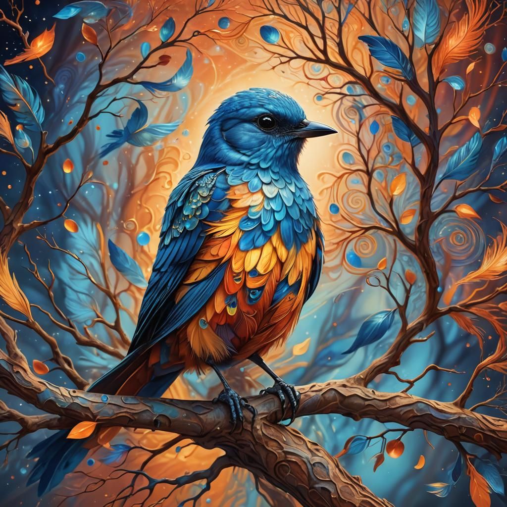 Astral Blue Bird Portrait in Psychedelic Style