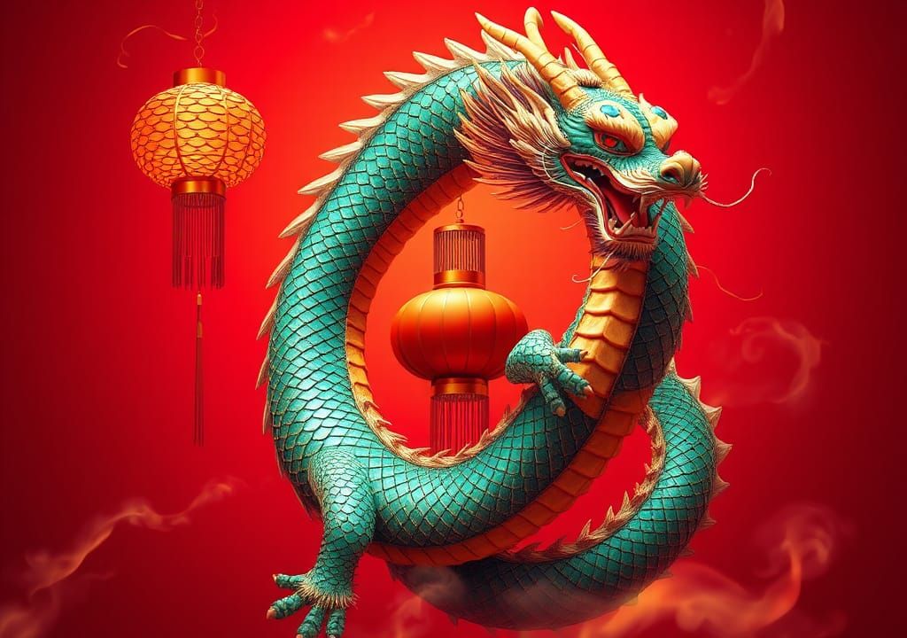 Majestic Chinese Dragon with Lantern on Red Background