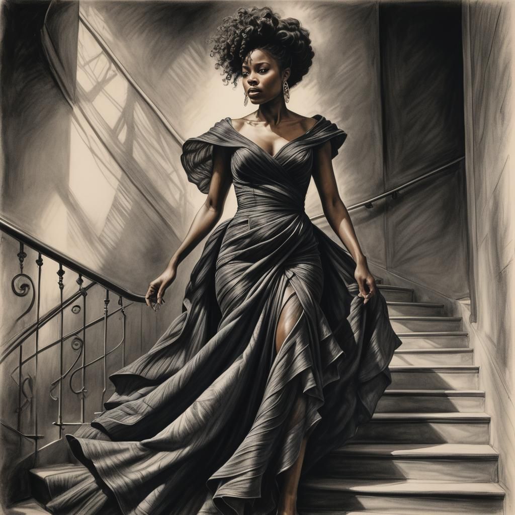 Charcoal Drawing of Woman on Spiral Stairs