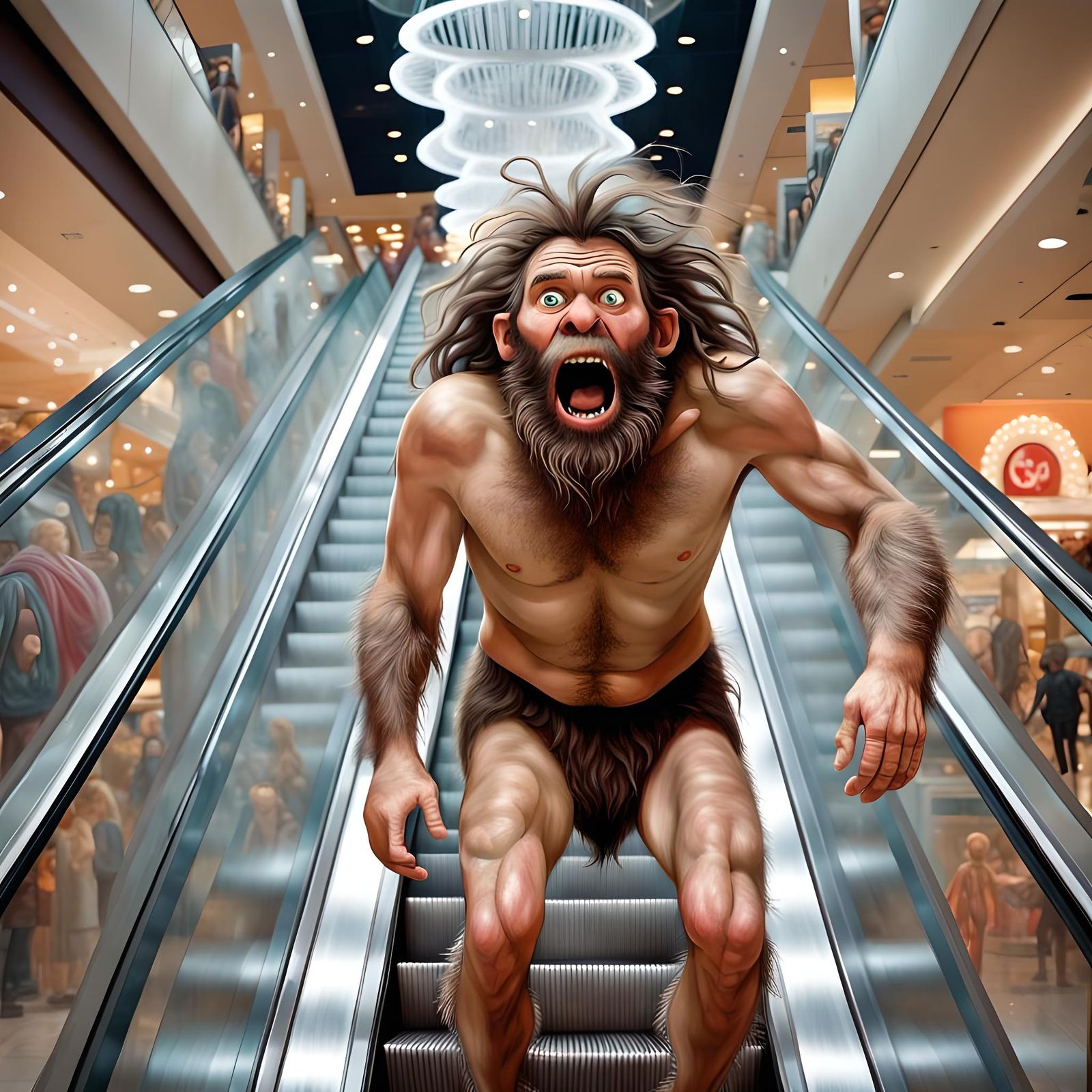 Caveman's Escalator Ride: Whimsical Acrylic Art