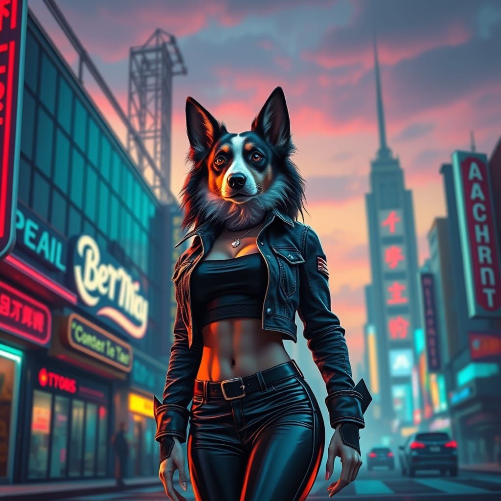 Glamorous Cyberpunk Border Collie in Futuristic Cityscape