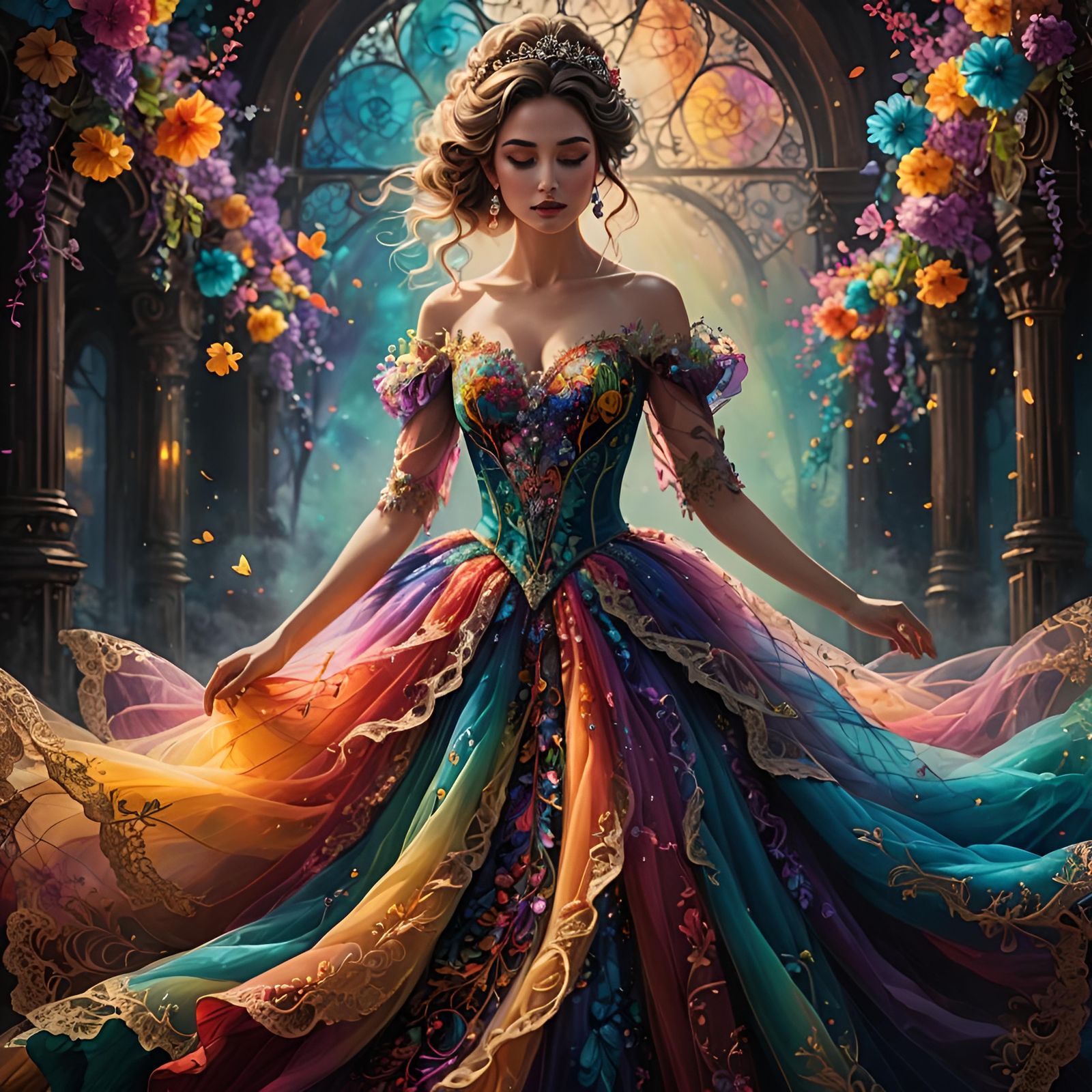 Woman in Magical Tulle Ballgown with Alcohol Inks