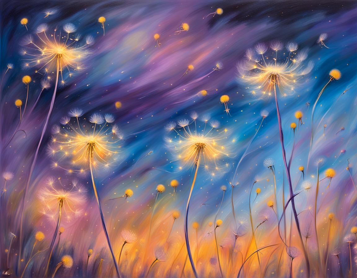 Fireflies Dancing Among Dandelion Seeds in Surrealist Style