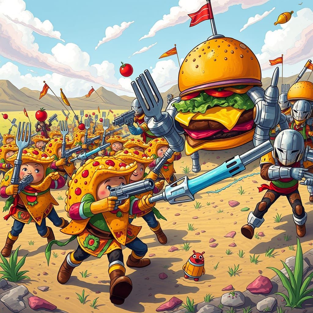 Vibrant Taco Army Engages in Whimsical Battle with Burger Ar...