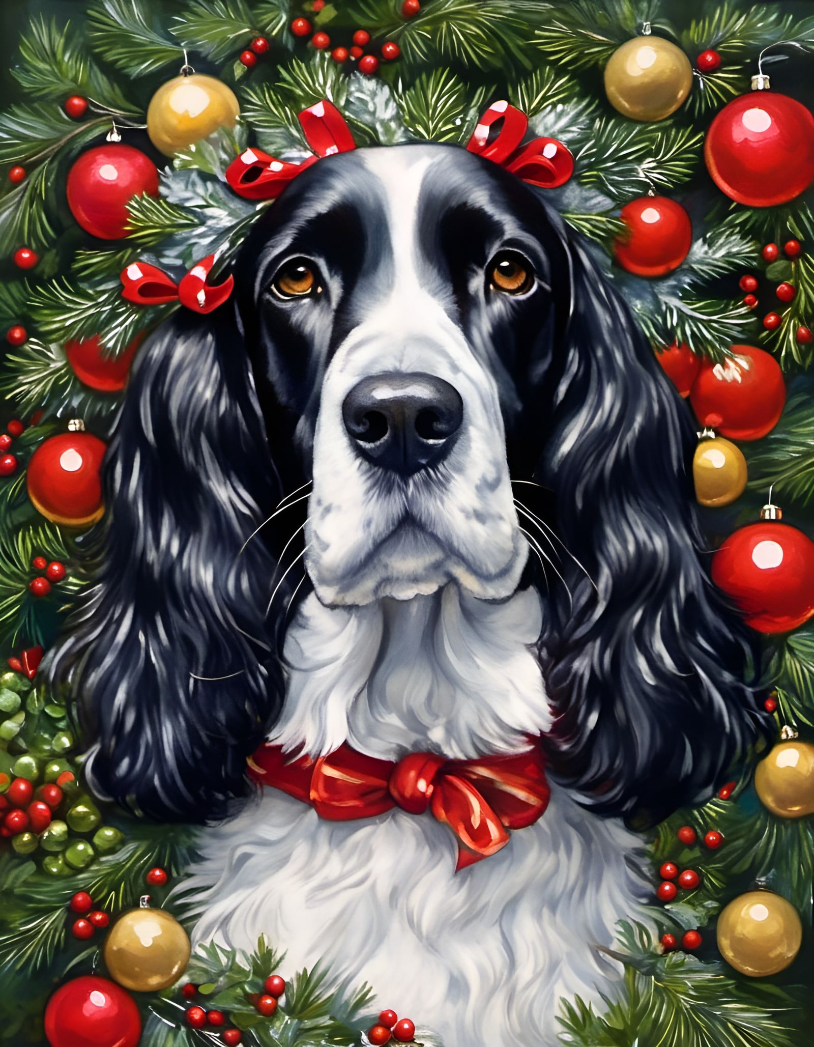 Christmas Spaniel with Wreath in Watercolor Style