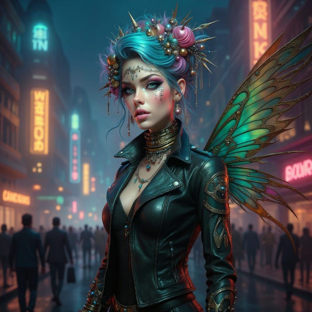 Cyberpunk Fairy in Neon Cityscape as Digital Art