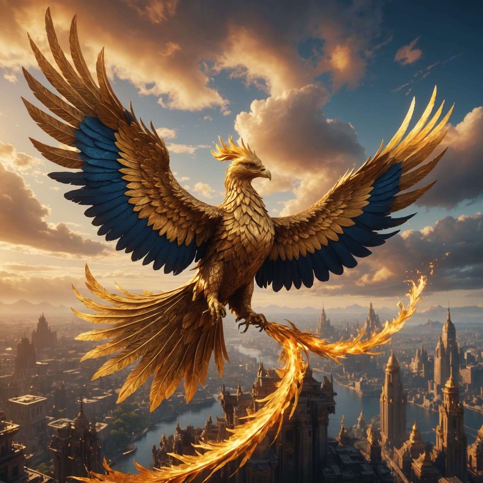 Golden Phoenix Soaring in a Fantastical Sky