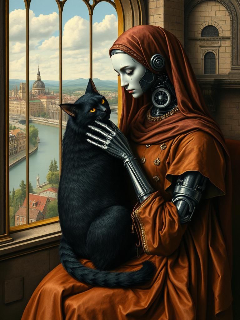 Robot Woman with Demonic Cat in Van Eyck Style