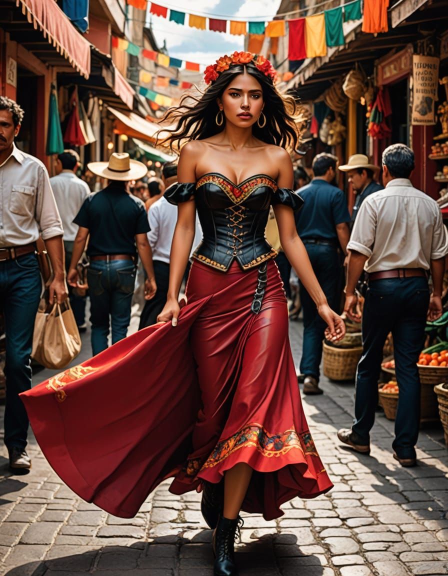Mexican Woman in Oaxaca Market, Art Nouveau Style