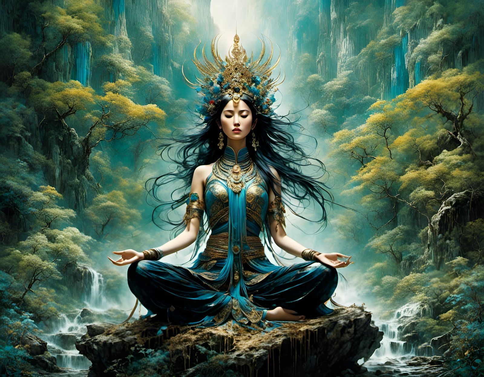 Guilin Mountains with Meditative Figure in Comic Style