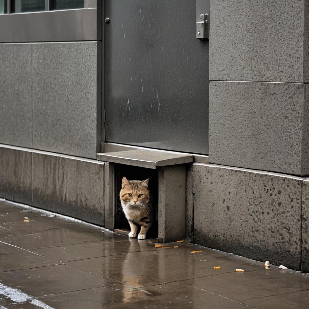 Cat Seeks Shelter From Rain in City Street