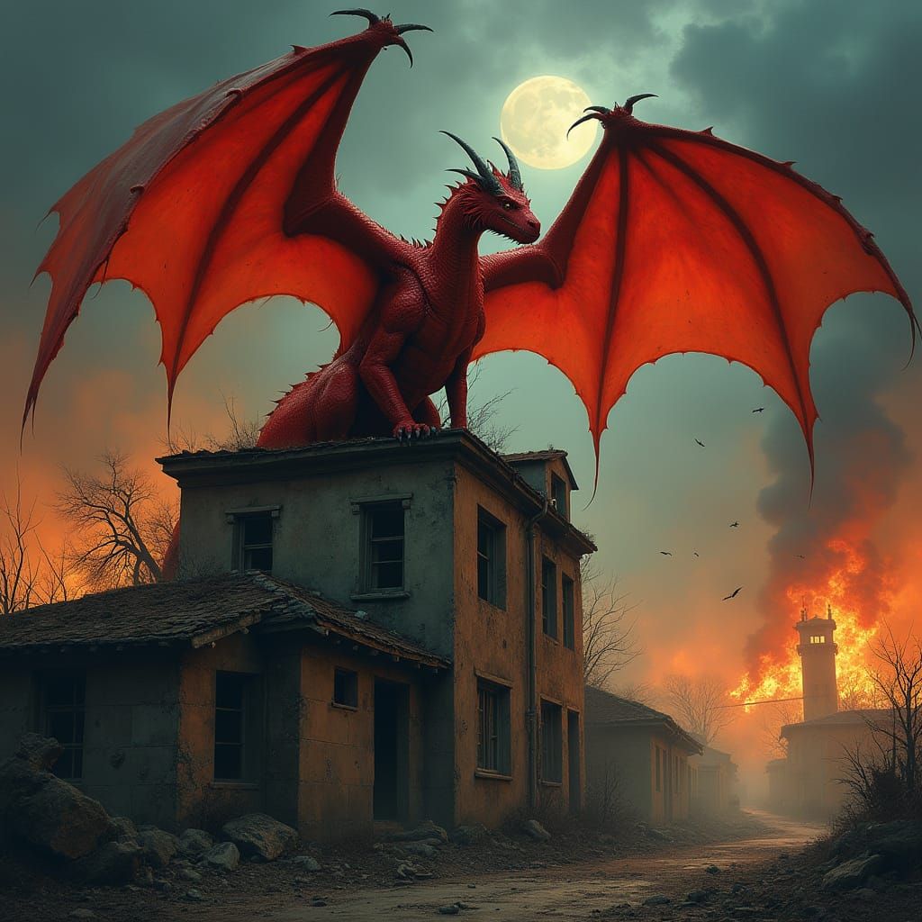 Midnight Red Dragon Overlooks Burning Apocalypse