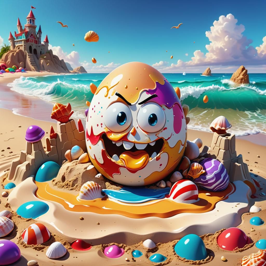 Angry Egg Destroys Sandcastle on Colorful Beach