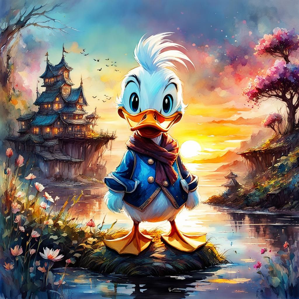 Cute Chibi Donald Duck in Watercolor Fantasy Landscape