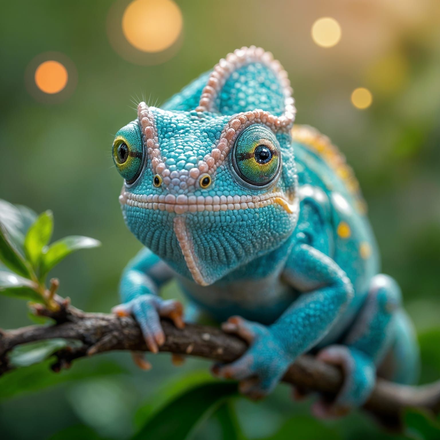 Cute Baby Chameleon with Sparkles and Fireflies
