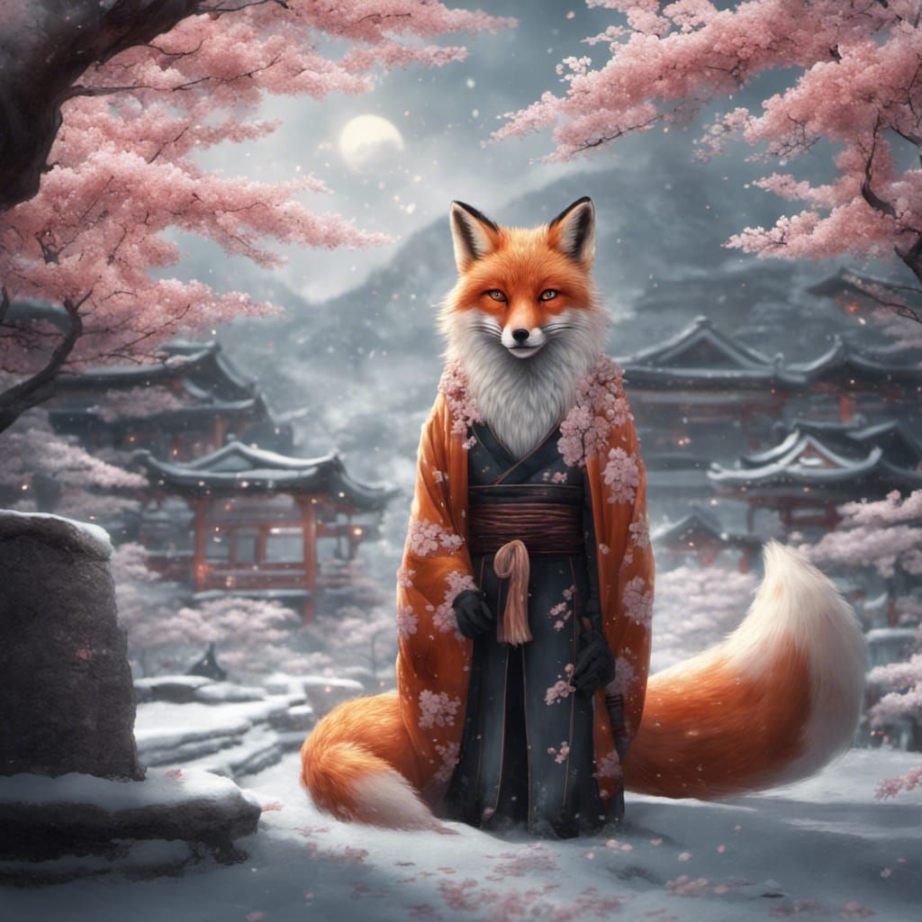 Magical Nine-Tailed Fox in Snowy Cherry Blossom Scene
