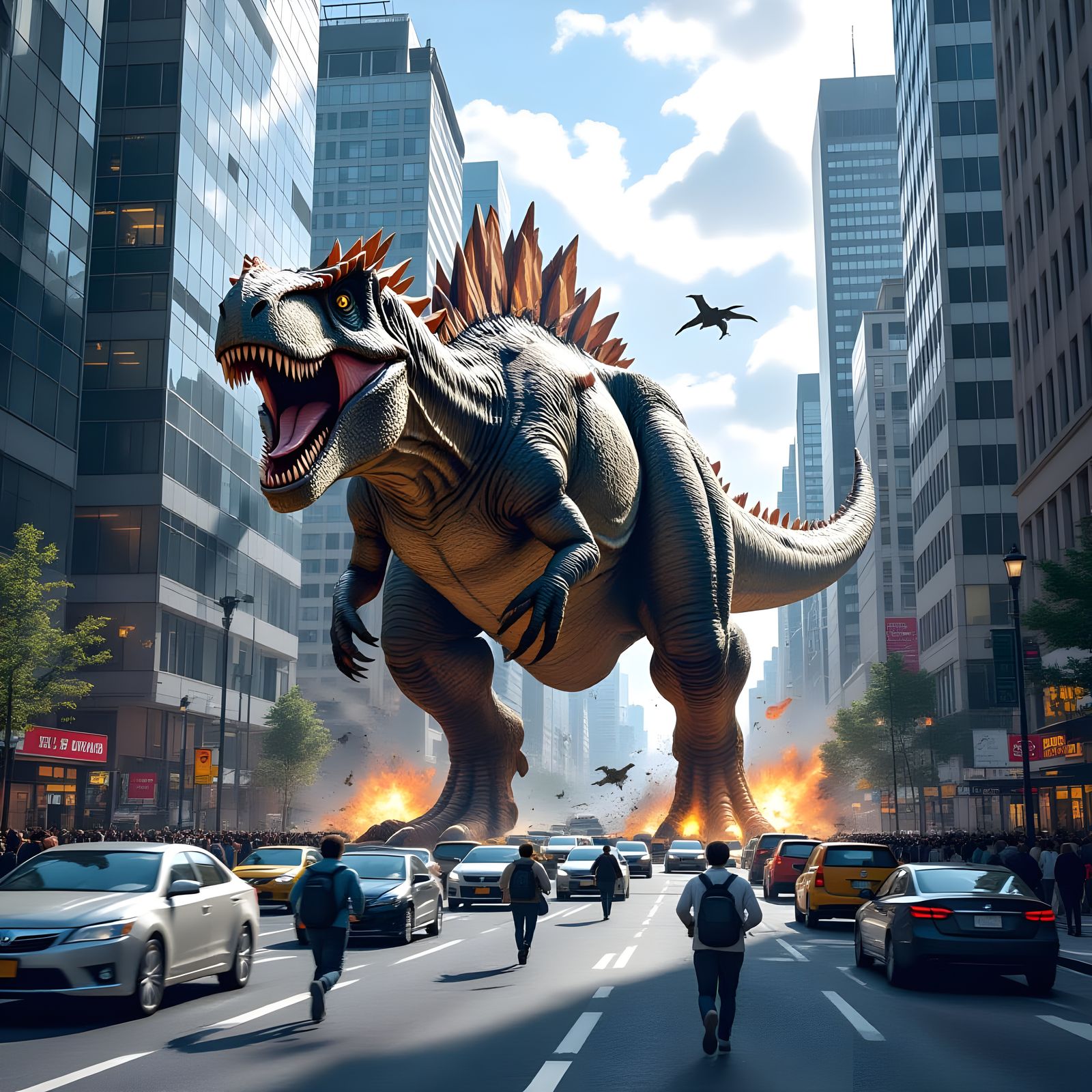 Dinosaurs Rampage Through Modern City: 3D Digital Art