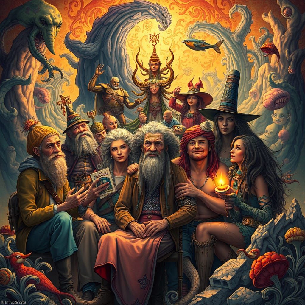 Surreal Gathering in Dreamlike Landscape: Fantasy Illustrati...