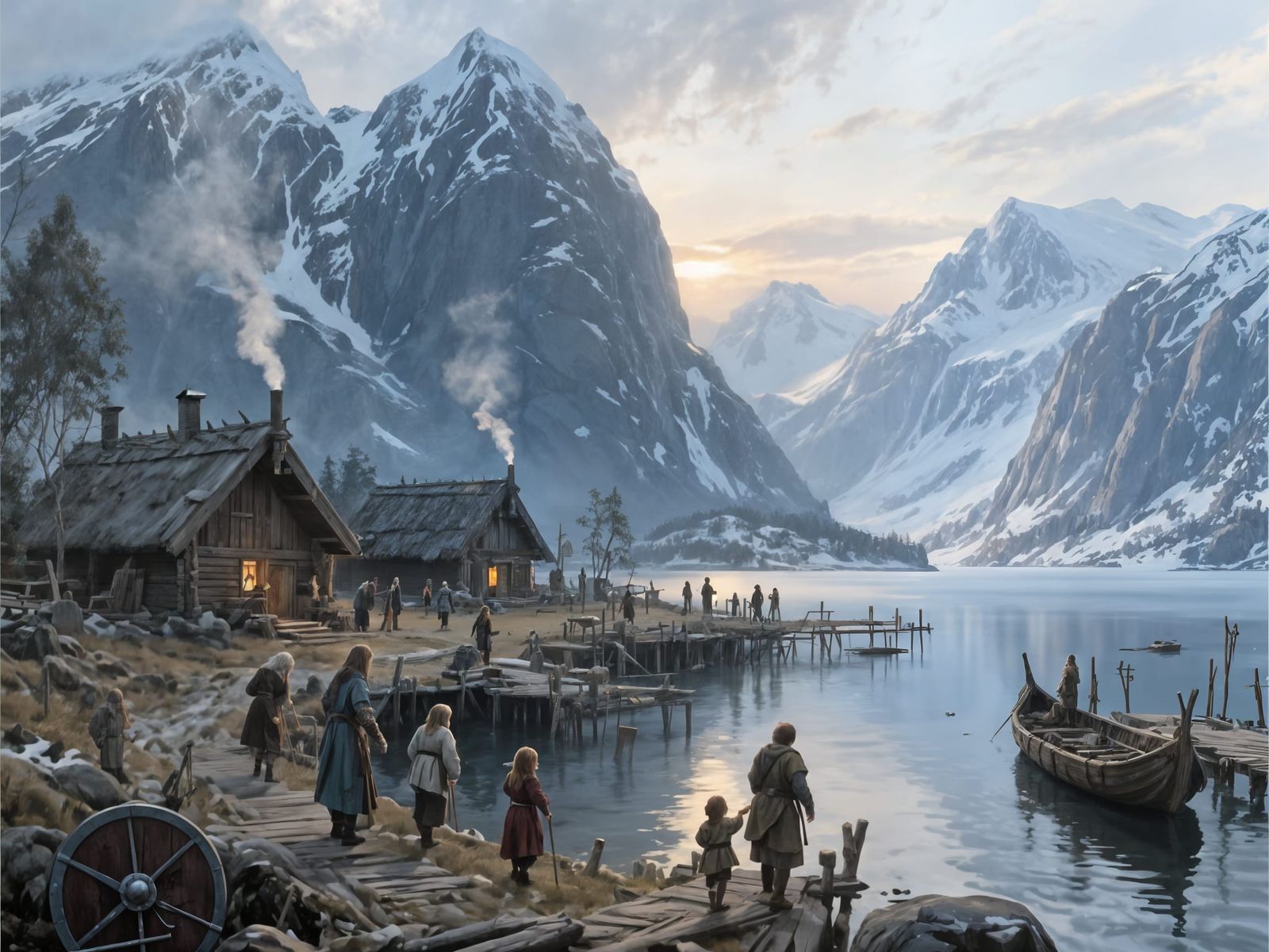 Serene Viking Settlement in Winter Fjord